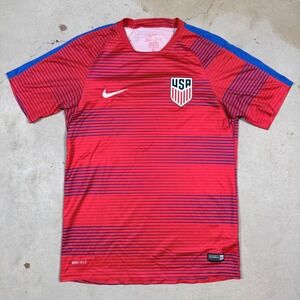 Nike US Mens Soccer Jersey Red Blue Stripe Dri FIT Authentic Size M
